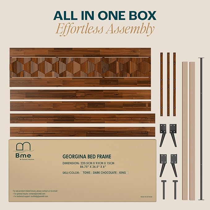 Bme Georgina Signature Dark Choco Bed Frame, King Bed Frame and Headboard Handcrafted Geometric, Mid Century Modern, Solid Acacia Wood, No Box Spring Needed, 12 Wood Slats Support, Easy Assembly