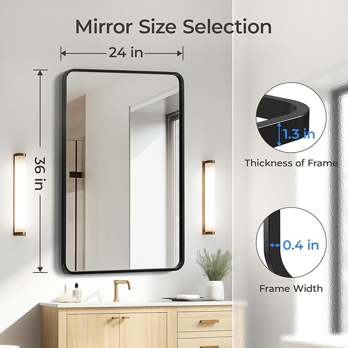 USHOWER Black Bathroom Mirror for Over Sink 24 x 36 Inch, Metal Frame Rectangle Vanity Mirror, Modern Farmhouse, Wall Mounted