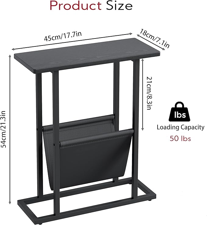 Yusong Small Narrow Side Table for Small Spaces, 17.7" W Slim End Table Nightstand with Storage Holder, Accent Skinny Snack Couch Bedside Table, Black Oak, Complete Iron Pipes