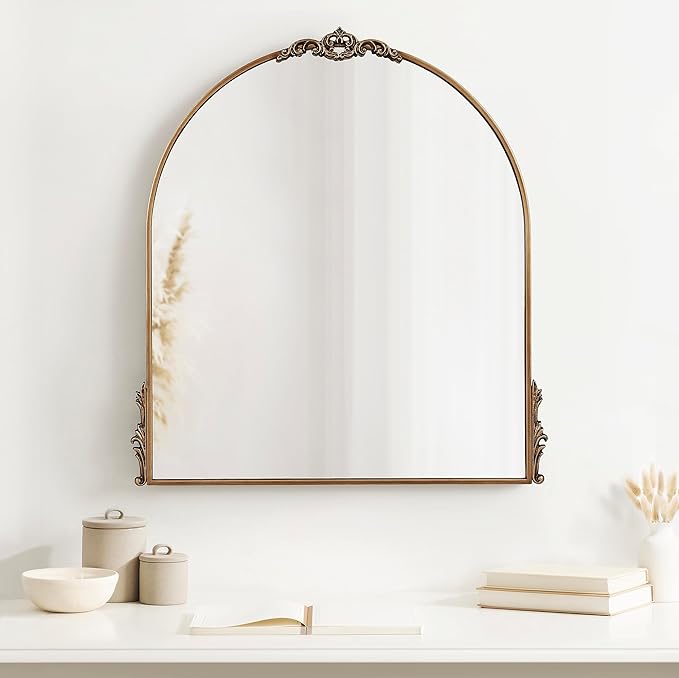 Kate and Laurel Myrcelle Traditional Arched Mirror; 30 x 32; Antique Gold; Decorative Large Vintage Arch Mirror with Ornate Garland Detailing Along The Crown and Edges of The Frame