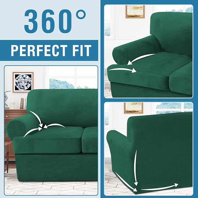 H.VERSAILTEX Sofa Cover 4 Piece T Cushion Sofa Slipcovers Thick Velvet Couch Cover Stretch T Cushion Sofa Covers for 3 Cushion Couch with 3 Individual T Cushion Covers, Vintage Green