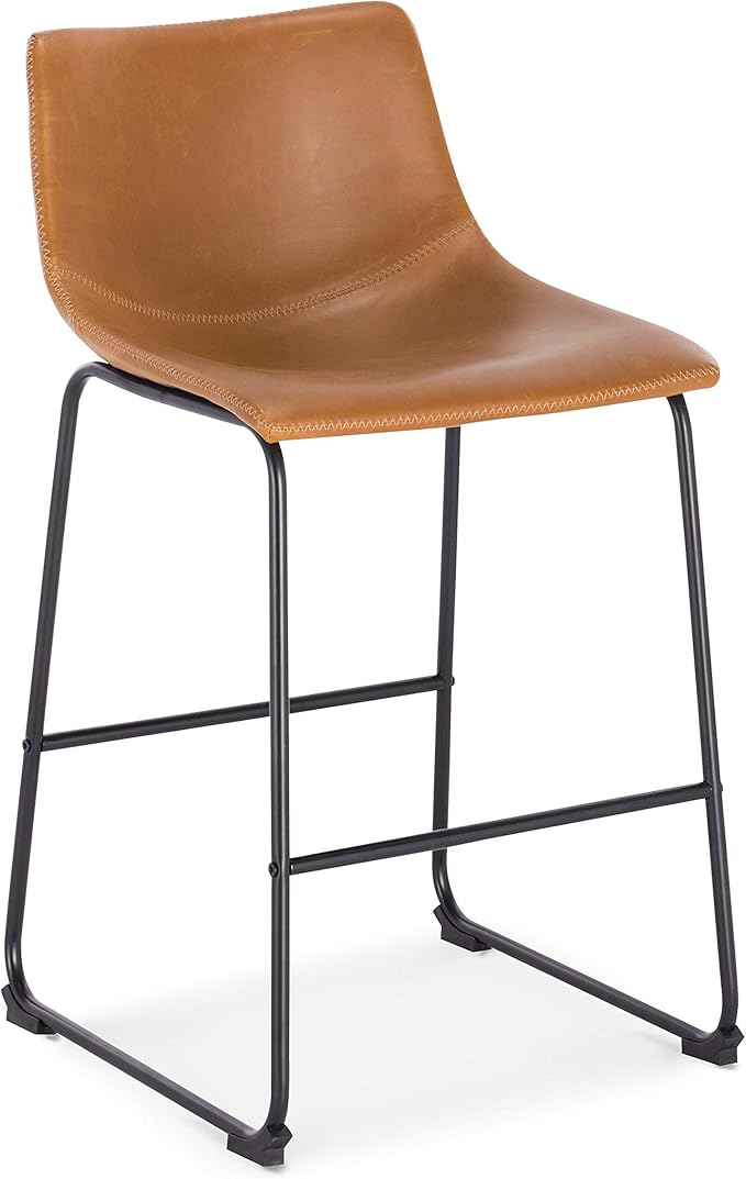 POLY & BARK Bar Stools Set of 3 – 34" Counter Height Chairs with Back, Tan PU Leather Seats with Metal Legs, Modern Industrial Style for Kitchen Island