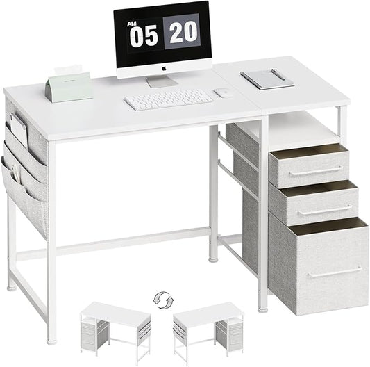 Ｍａｉｈａｉｌ Maihail Small Desk with Drawers, 40 inch Computer Desk with Shelves, Writing Desk with Storage, Small Office Desk with Metal Frame, White