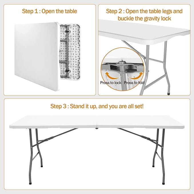 Folding Table 6ft Plastic Folding Table Indoor & Outdoor for Picnic, Camping,BBQ and Party, with Powder Coated Steel Legs and Built in Carry Handle, White