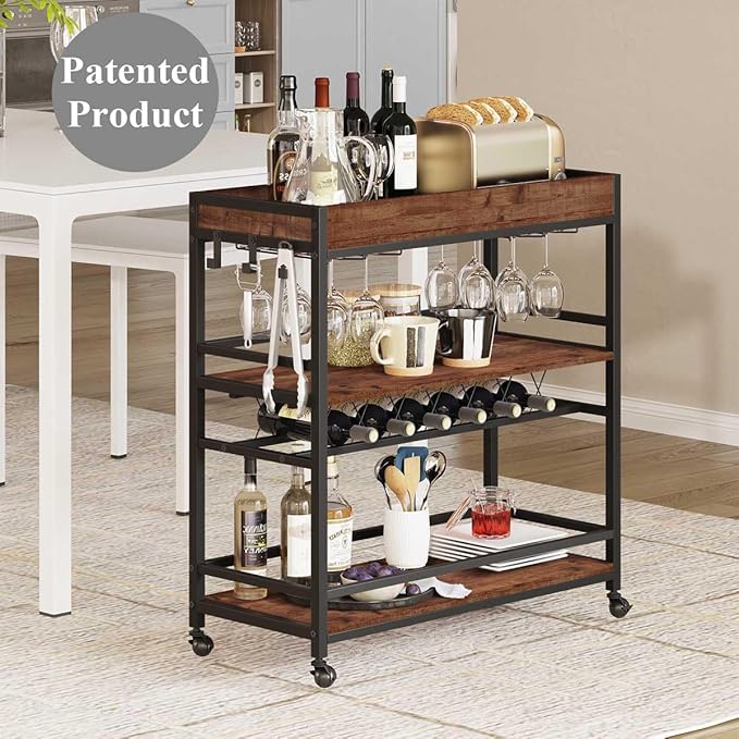 BON AUGURE Bar Cart for The Home, Rolling Home Bar Serving Cart on Wheels, 3 Tier Liquor Beverage Carts with Wine Rack and Glass Holder (Rustic Oak)