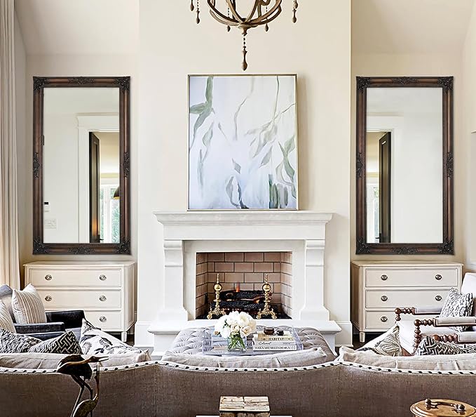 Large Bronze Mirror, 53''x29.5''Vintage Mirrors with Ornate Wooden Frame, Decorative Mirror for Living Room Dining Room Hallway, Horizontal/Vertical