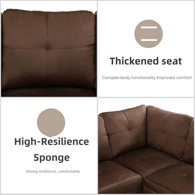 L Shaped Sectional Couches for Living Room, Modern Modular Sectional Sofa with Ottoman Storage, Comfy L Shaped Couch with Chaise for Bedroom Apartment Furniture, Brown
