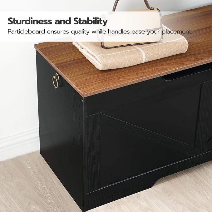 HOOBRO Storage Bench, 39.4" Retro Wooden Storage Chest with U-Shaped Cut-Out Pull, Safety Hinge, Supports 220 lb and Easy Assembly for Toy Box Organizer (Black and Walnut) BH771CW01
