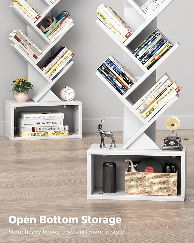 6 Tier Tree Bookshelf with Light, Narrow Bookcase Tower, Tall Floor Standing Book Shelf Organizer with Storage Cabinet for Living Room, Bedroom and Home Office, White