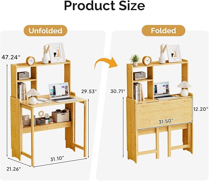 31.1" Bamboo Folding Desk with Bookshelf, Compact Computer Desk for Small Spaces, Foldable Study Desk with Storage Shelf, Space-Saving Home Office Desk for Bedroom, Dorm, Apartment,Natural