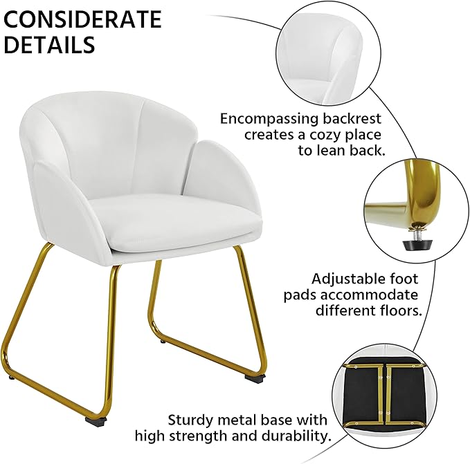 Yaheetech Modern Velvet Vanity Chair Armchair, Flower Shaped Makeup Chair with Golden Metal Legs for Living Room/Makeup Room/Bedroom/Home Office/Kitchen, White