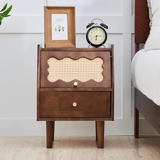 Uniclinens Rattan Nightstand with Drawer, Solid Wood Farmhouse Nightstand, 21" Bedside Table for Bedroom Sofa Side, Wooden End Tables Living Room, Walnut