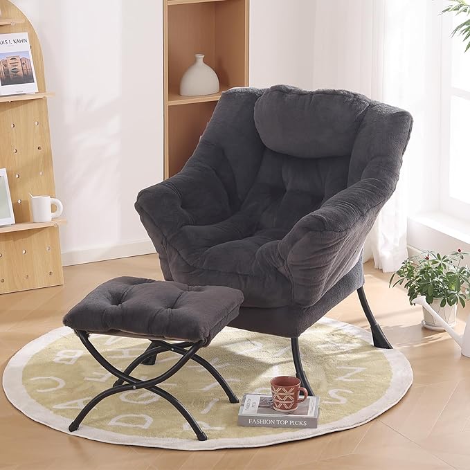 Oversized Chair with Ottoman, Modern Reading Chair, Lounge Accent Chair with Armrests and a Side Pocket for Small Space, Bedroom, Study, Living Room (Plush Dark Greyish Blue)