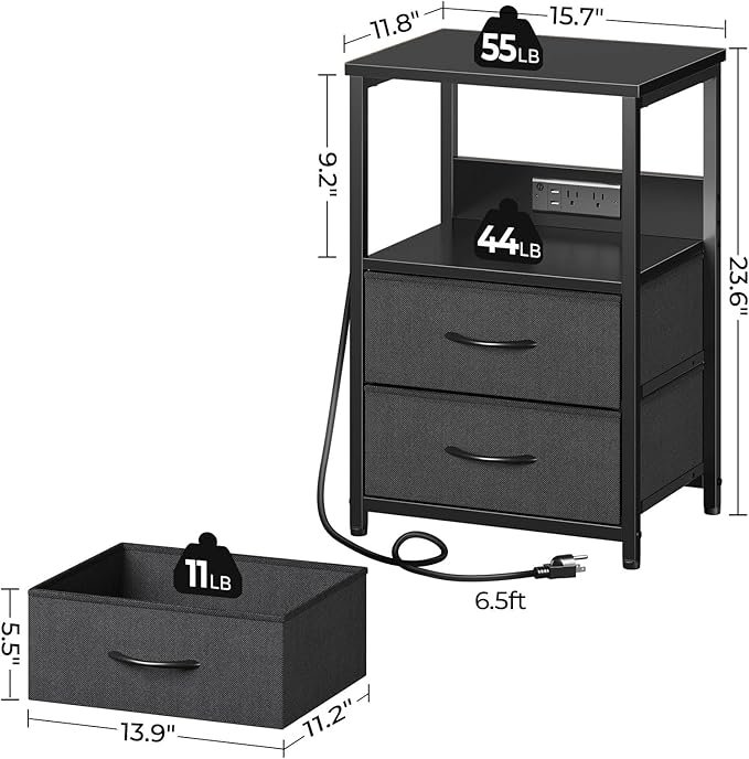 Seventable Nightstand with Charging Station, Bedside Table with LED Lights, Night Stand with 2 Fabric Drawers, 3-Tier Storage End Table for Bedroom, Black