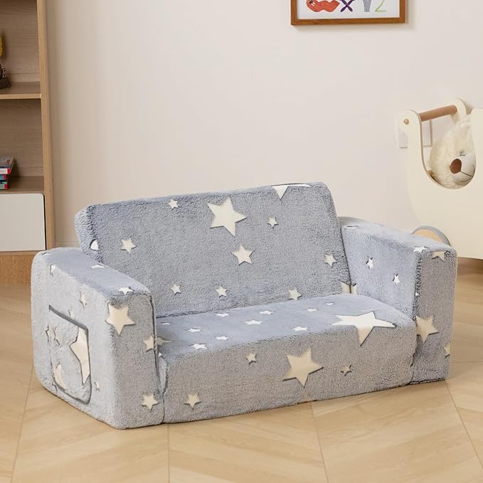 ALIMORDEN Fold Out Toddler Couch, Extra Wide Comfy 2-in-1 Cuddly Sherpa Sofa for Kids, with Removable Baby Friendly Blanket, Convertible Sofa to Bed, Star