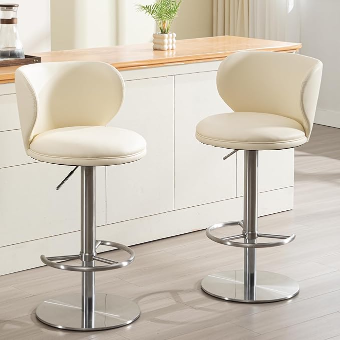 RAINMOOD Bar Stools, Adjustable Swivel Barstools with Back and Footrest, Faux Leather Upholstered, Stainless Steel Base, for Kitchen Counter, Bar, Dining Room