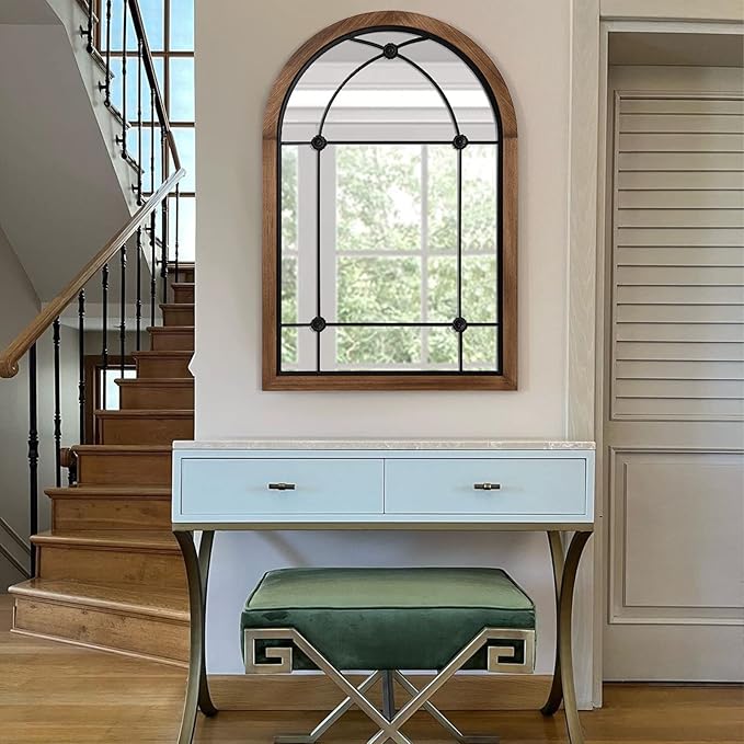 blue page Arched Mirror, Farmhouse Wall Decor Accent, Rustic Wood Framed Mirror Like Window for Bathroom, Bedroom, Entryway, or Living Room