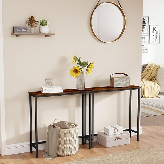 HollyHOME Narrow Console Table, 29.5" Slim Entryway Table, Sofa Stand, Hallway Shelf for Hallway, Bedroom, Living Room, Foyer, Rustic Brown