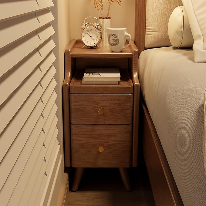 Small Nightstand with Drawers, Solid Wood Bedside Table, Narrow Walnut Nightstand for Bedroom