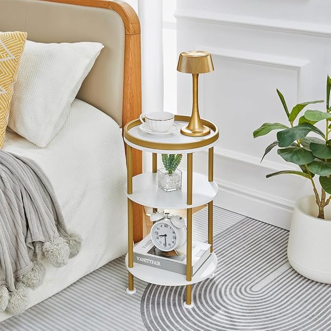 Small Round End Table with Charging Station, 3-Tier Accent Couch Beside Table with USB Ports & Power Outlets, Sofa Side Table for Living Room Small Nightstand Bedroom (Classic, White+Gold)