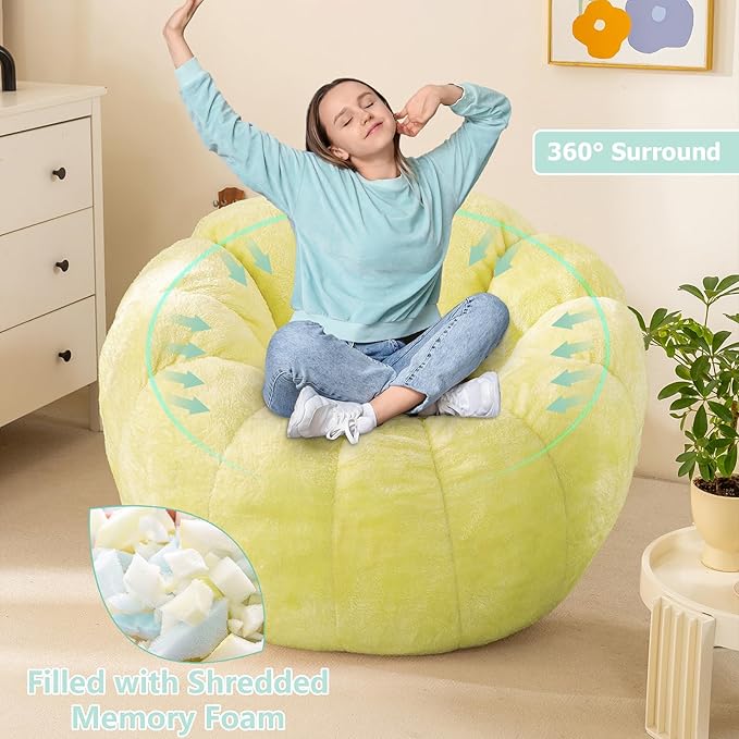 Pumpkin Bean Bag Sofa Chair for Adult, Beanbag Couch with Filler for Reading and Relaxation, Comfy and Lazy Sofa for Dorm, Apartment, Living Room and Bedroom, Grass Green