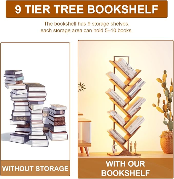 Tree Book Shelf with LED Lights, 9 Tier Floor Standing Bookcase, Classical Corner Shelf Kids Bookshelf, Tall Wood Book Storage for Bedroom, Living Room, Home Office, Brown