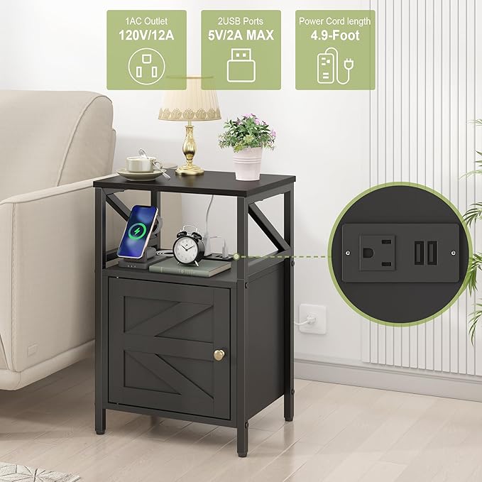 Farmhouse Side Table with Charging Station -3-Tier USB Ports & Outlets End Table, Compact Bedside Storage Table for Small Spaces, Multi-Functional Accent Table for Living Room, Couch Entryway Black