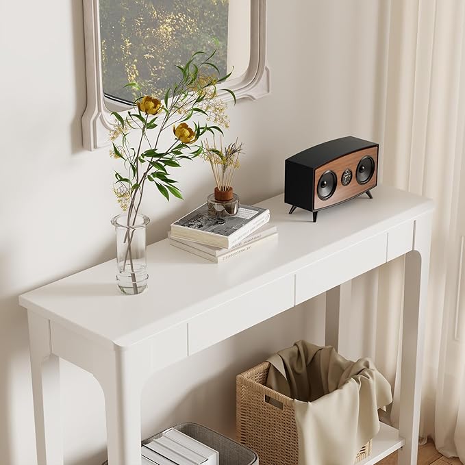 Wood Console Table with Drawers, Mid Century Modern Console Table Walnut for Entryway, Living Room, Hall Way.
