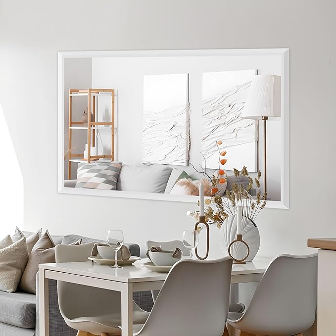 Amorho Bathroom Mirror, 60X36 Inch White Thick Metal Framed Wall Mirrors for Over 2 Sinks, Bedroom, Living Room, Entryway, Large Rectangle Wall-Mounted Mirrors.