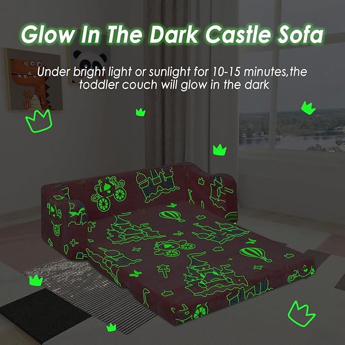 Kids Couch Extra Large,Glow in The Dark 2-in-1 Folding Kids Sofa Bed for Girls,2 Seats Convertible Sleeper Lounger Toddler Couch for Children Bedroom Playroom Nursery,Castle