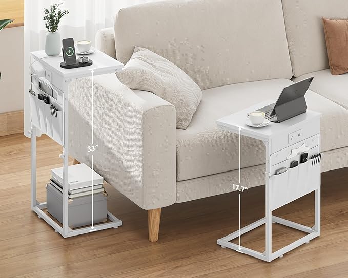 Vagusicc C Shaped End Table with Charging Station, Adjustable Height Side Table for Couch, Sofa Table Laptop Couch Side Tables, Slide Under Sofa TV Tray Arm C Tables for Living Room Bedroom, White