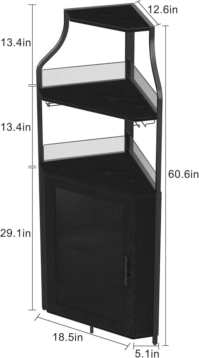 GarveeHome Corner Wine Cabinet with Detachable Wine Rack, 5-Tier Industrial Corner Bar Cabinet with Barn Door and Glass Holder, Farmhouse Buffet Cabinet and Home Bar, Black