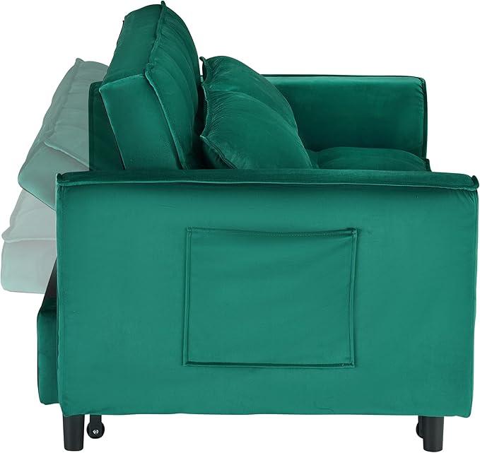 Ball & Cast 55" Convertible Sofa Bed,3 in 1 Sleeper Sofa W/Pull-Out Bed,Convertible Pull Out Couch W/2 Pillows,Adjustable Backrest & Side Pocket,Velvet Futon Couches for Living Room,Apartment,Green