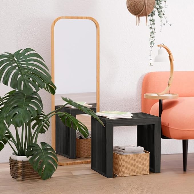 Small Bamboo Dining Bench, 17inch Farmhouse Decor Indoor Kitchen Table Bench, Entryway Shoe Rack Bench, Outdoor Bench, Solid Bamboo Benches for Living Room, Hallway, Bedroom, Bathroom