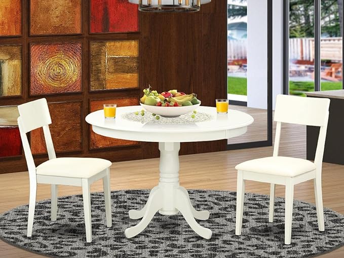 East West Furniture HLAD3-LWH-LC 3 Piece Dining Table Set for Small Spaces Contains a Round Dining Room Table with Pedestal and 2 Faux Leather Upholstered Chairs, 42x42 Inch, Linen White
