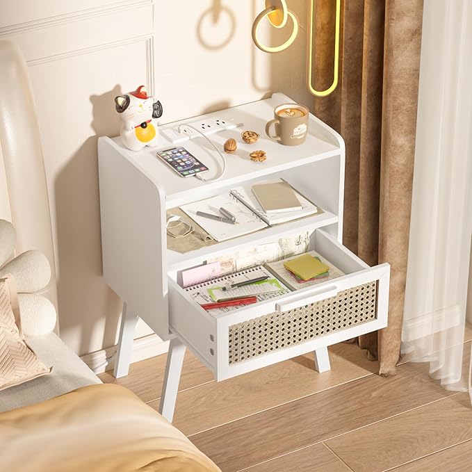 Lerliuo Rattan Nightstand with Charging Station, White Bedside Table with Drawer Open Shelf, Cane Accent Side End Table with Solid Wood Legs, Night Stand for Bedroom, Dorm and Small Spaces