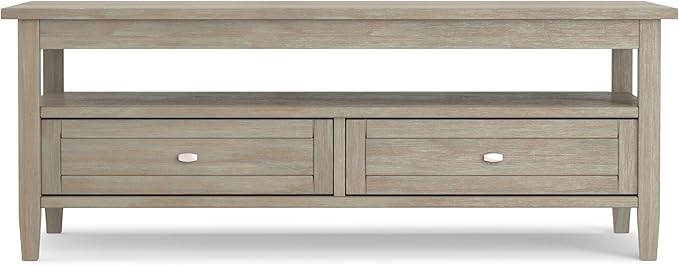 SIMPLIHOME Warm Shaker Coffee Table - 48 inch Wide Solid Wood Cocktail Table in Distressed Grey, Transitional Living Room Table with 2 Storage Drawers and Open Shelf for Sitting Area or Lounge