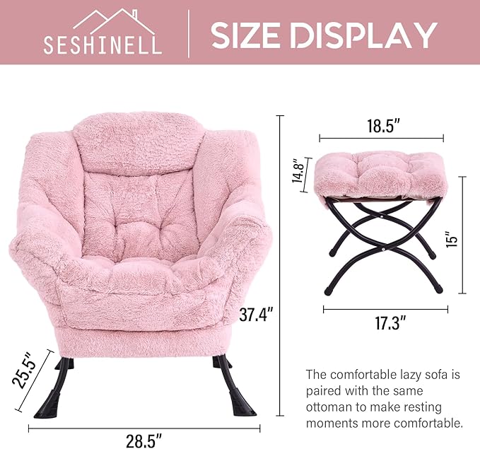 Lazy Chair with Ottoman, Modern Accent Chair Lounge Leisure Sofa Chair with Armrests, Reading Chair and Folding Footstool for Living Room, Bedroom, Office, Plush Pink
