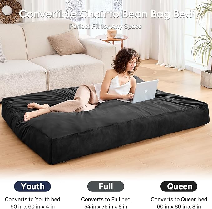 Bean Bag Chairs for Teens - Bean Bag Chair Convertible Bean Bag Bed - Small Beanbag Chair with Micro Fiber Cover/Furniture Foam Filler - Bean Bag Couch Sofa in Bedroom Dorm Room - Youth Carbon Black