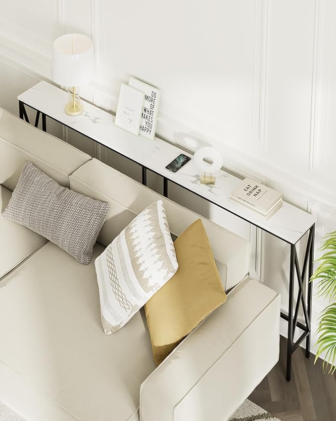 Masupu 70.9" Console Table, Modern Narrow Long Sofa Table Behind Couch, Skinny Entry Table, Industrial Sofa Table with Metal Frame for Hallway, Living Room, White and Black