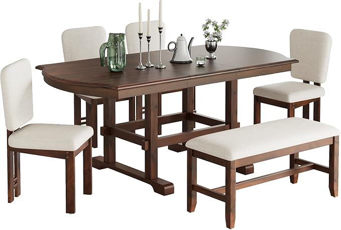 Ball & Cast 6 Pieces 78inch Extendable Wood Dining Table Set with Bench,Traditional Kitchen Table Set w/ 18inch Removable Leaf and 4 Upholstered Dining Chairs,for 5 People Dining Room,Espresso+Beige