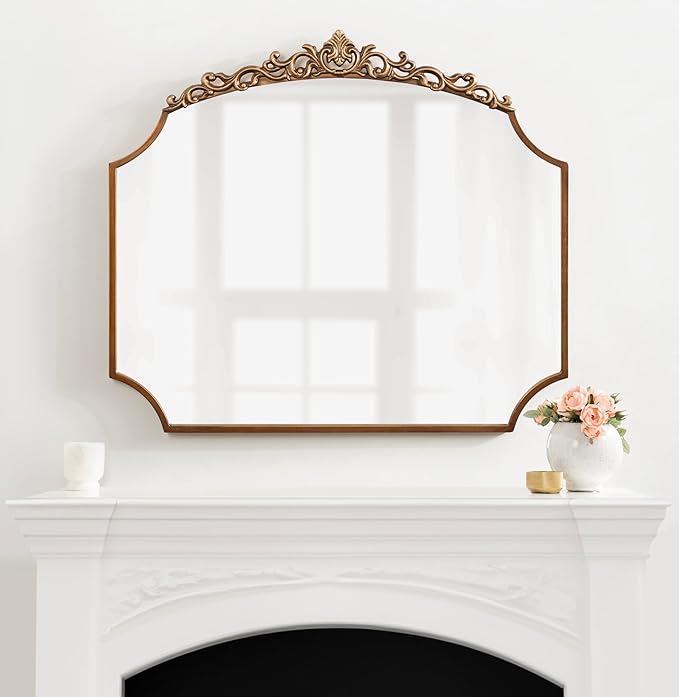 Kate and Laurel Arendahl Ornate Traditional Arched Scallop Mirror; 24 x 36; Antique Gold; Decorative Baroque Style Scalloped Arch Vintage Gold Mirror with Ornamental Crown