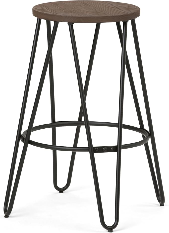 SIMPLIHOME Simeon Industrial Metal 26 inch Metal Counter Height Stool with Wood Seat (Set of 2) in Cocoa Brown / Black for the Dining Room and Kitchen