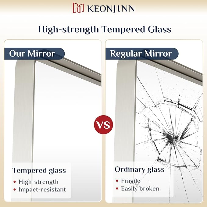 Keonjinn 48 x 36 Brushed Nickel Bathroom Vanity Mirror, Large Rounded Rectangle Bathroom Mirrors for over Sink, Metal Framed Silver Mirror for Wall, Shatterproof HD Tempered Glass(Horizontal/Vertical)
