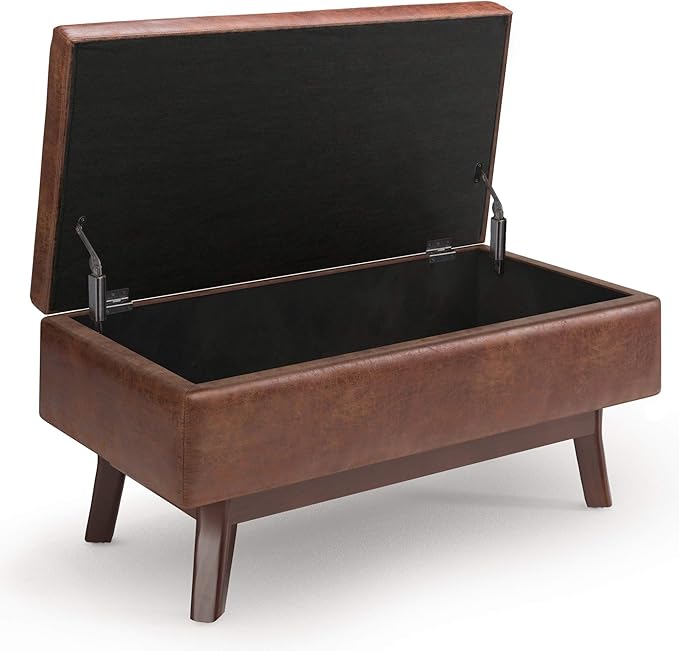 SIMPLIHOME Owen 36 inch Wide Mid Century Modern Rectangle Small Rectangular Storage Ottoman in Distressed Saddle Brown Vegan Faux Leather, Assembled, for the Living Room, Entryway and Family Room