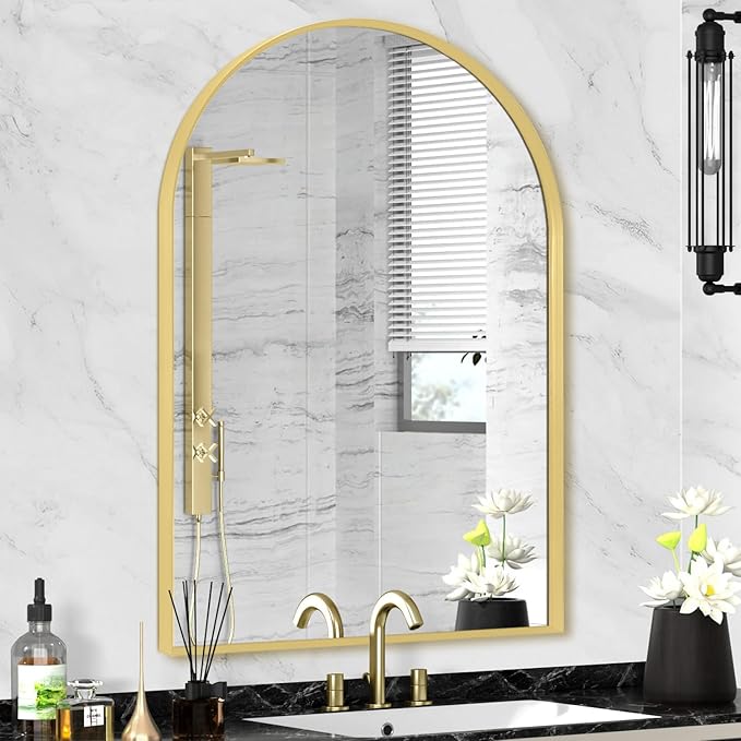 22" x 30" Gold Arched Mirror, Arch Bathroom Vanity Wall Mirror, Modern Aluminum Alloy Metal Frame Arch Mirror for Bathroom, Living Room, Bedroom, Entryway, Tempered Glass, Shatter Proof