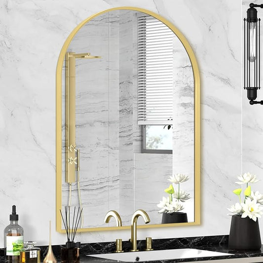 22" x 30" Gold Arched Mirror, Arch Bathroom Vanity Wall Mirror, Modern Aluminum Alloy Metal Frame Arch Mirror for Bathroom, Living Room, Bedroom, Entryway, Tempered Glass, Shatter Proof