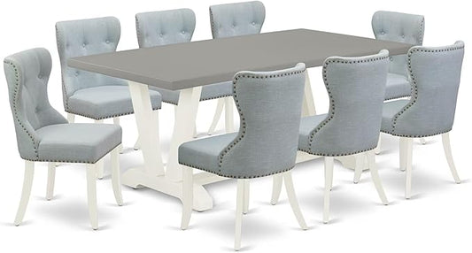 East West Furniture V097SI215-9 9 Piece Dining Room Set Includes a Rectangle Kitchen Table with V-Legs and 8 Baby Blue Linen Fabric Parsons Dining Chairs, 40x72 Inch, Multi-Color