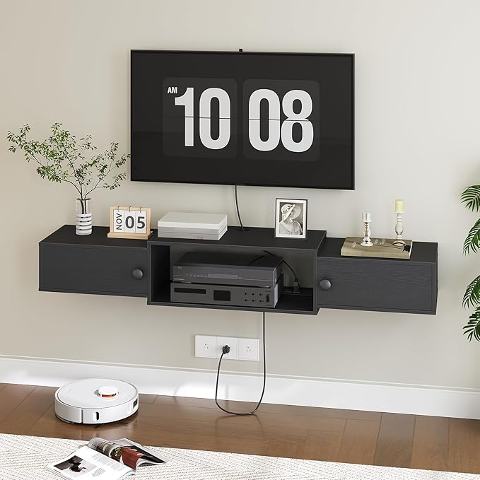 HOOBRO 55" Floating TV Stand with Power Outlets, Modern Wall Mounted Media Console Shelf with Doors, Entertainment Center for Under TV Storage, for Living Room, Bedroom, Black BK11UDS01