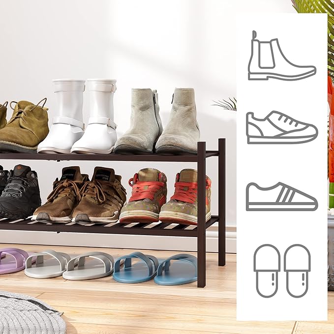2-Tier Shoe Rack for Entryway, Bamboo Shoe Rack for Closet, Free Standing Shoe Racks for Indoor Outdoor, Stackable Shoe Shelf Storage Organizer for Hallway Closet